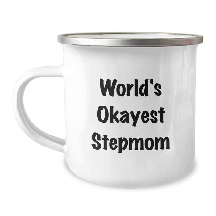 Funny Stepmom Gifts from Family for World's Okayest Stepmom Graduation Unique Camping Mugs, Stainless Steel with Enamel Finish, 12 oz Capacity - Image 1