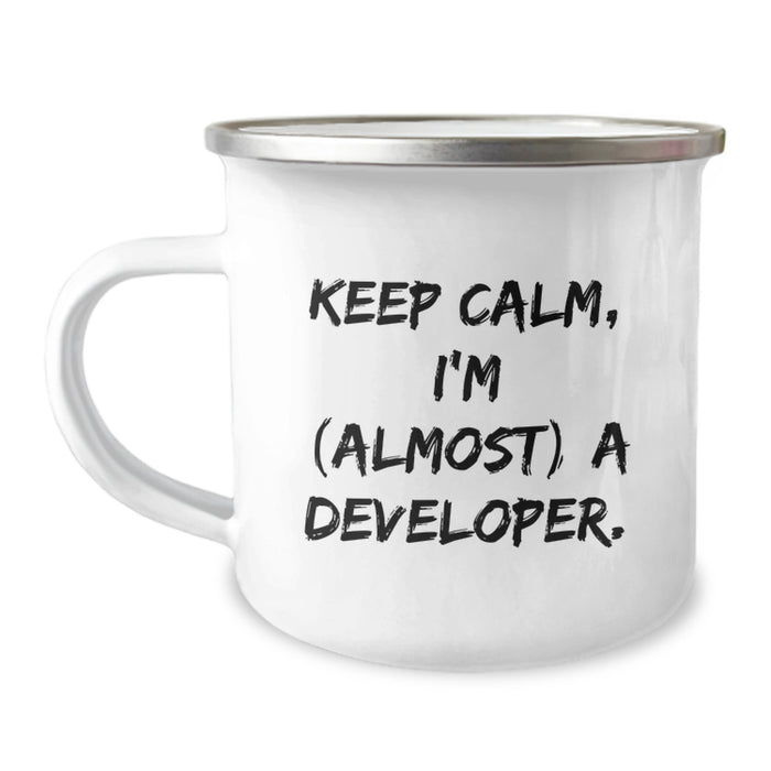 Funny Developer Gifts, Unique Camping Mug for Graduation, 'Keep Calm I'm (almost) A Developer' Funny Quote Mug, Gifts from Family to Friends, Developer Men's Camping Mug - Image 1
