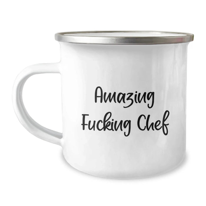 Funny Chef Gifts from Men to Graduating Chefs - 'Amazing F--king Chef' Quote Camping Mug for Men, 12 oz Stainless Steel with Enamel Finish - Image 1