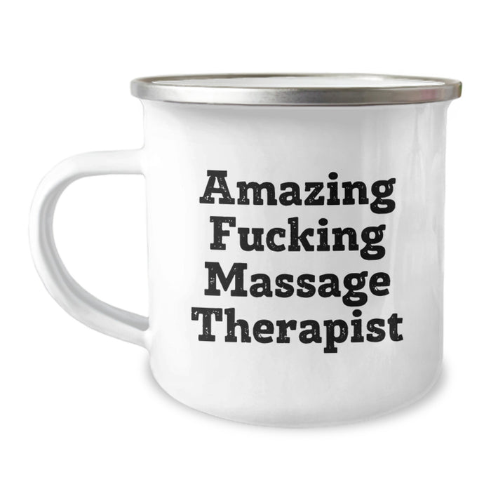 Funny Massage Therapist Gifts, Unique Camping Mug for Graduation, 'Amazing F--king Massage Therapist' Quote, Gifts from Friends to Massage Therapist - Image 1