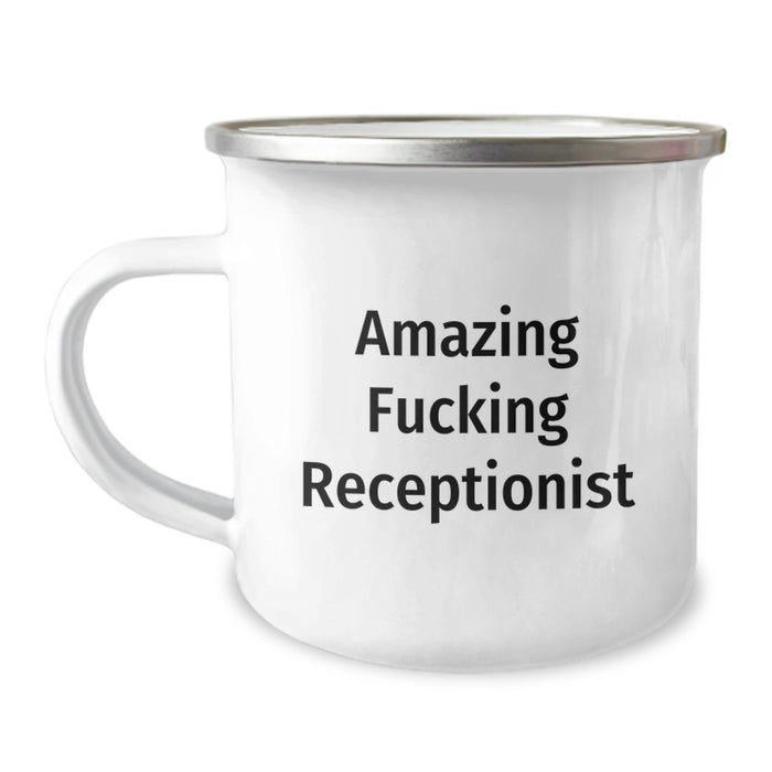 Funny Receptionist Gifts for Her, Amazing Quote Enamel Camping Mug, Perfect Unique Graduation Present from Friends - Image 1