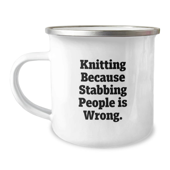 Funny Knitting Gifts for Graduation Unique Camping Mugs with Quirky 'Knitting Because Stabbing People Is Wrong' Motif Gifts from Friends and Family - Image 1