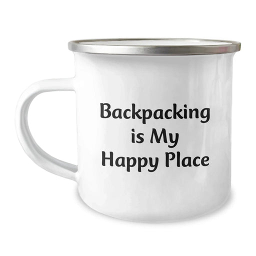 Backpacking Fun Gifts from Friends, Birthday Unique Camping Mug for Backpackers with 'Backpacking Is My Happy Place' Quote, 12 oz Stainless Steel with Enamel Finish - Image 1