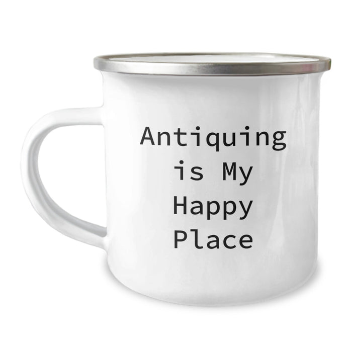 Antiquing Gifts for Men and Women - 'Antiquing Is My Happy Place' Camping Mug, Stainless Steel Enamel Finish for Christmas Unique Gifts - Image 1