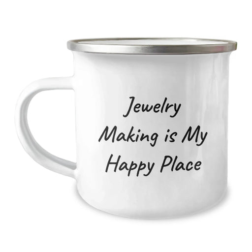 Jewelry Making Delights Camping Mug, Funny Quote 'Jewelry Making Is My Happy Place', Birthday Unique Gifts from Friends for Jewelry Making Enthusiasts - Image 1