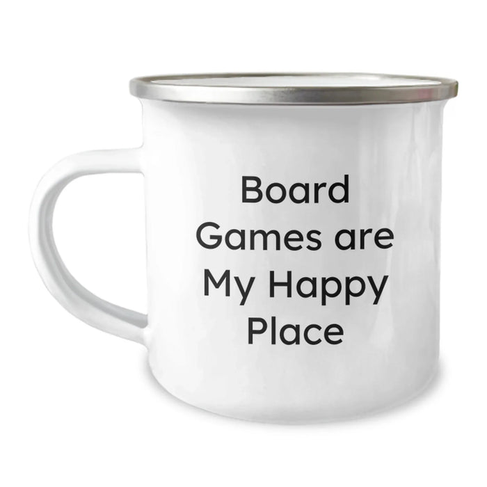 Funny Board Games Lovers Gifts from Friends - 'Board Games Are My Happy Place' Camping Mug for Birthday, Unique Men Gifts - Image 1