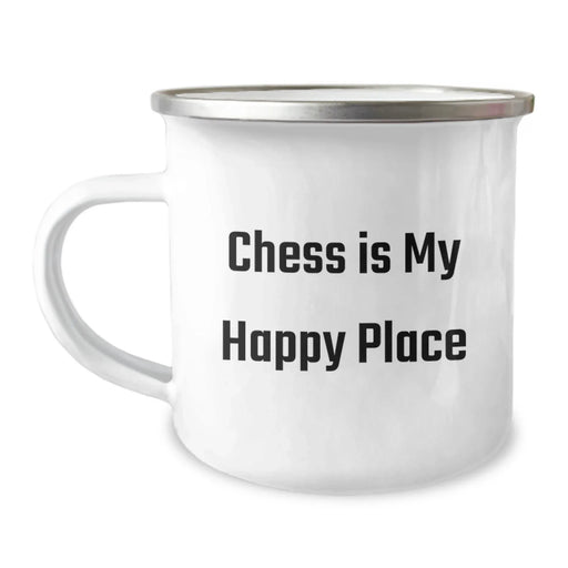 Funny Chess Lover Gifts from Friends, Unique Birthday Camping Mugs for Men and Women, 'Chess Is My Happy Place' Quote, 12 oz Stainless Steel with Enamel Finish - Image 1