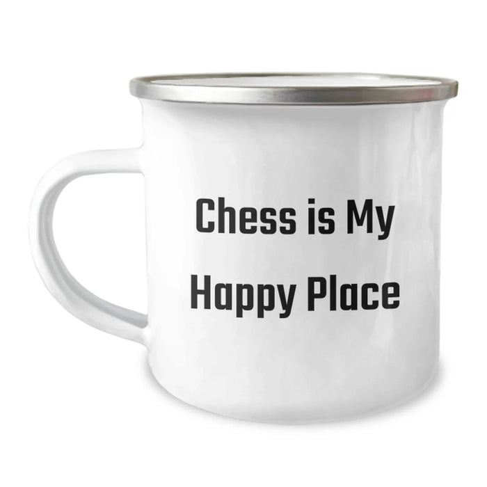 Funny Chess Lover Gifts from Friends, Unique Birthday Camping Mugs for Men and Women, 'Chess Is My Happy Place' Quote, 12 oz Stainless Steel with Enamel Finish - Image 1