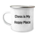 Funny Chess Lover Gifts from Friends, Unique Birthday Camping Mugs for Men and Women, 'Chess Is My Happy Place' Quote, 12 oz Stainless Steel with Enamel Finish - Image 1