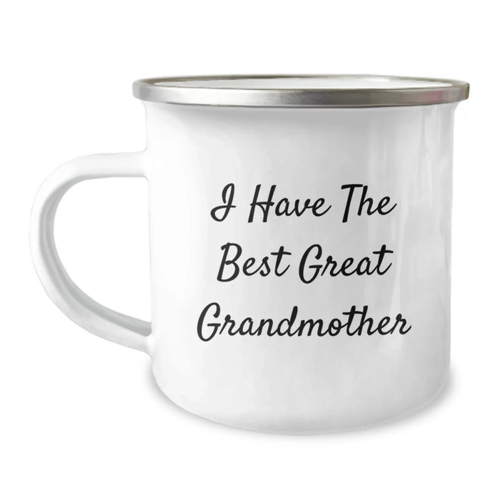 Funny Grandmother Camping Mug Gifts from Family for Birthday, 'I Have The Best Great Grandmother' Quote, 12 oz Stainless Steel with Enamel Finish, Perfect for Outdoor Adventures - Image 1