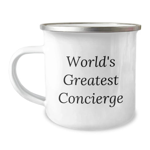 Concierge Camping Mug, Funny Quote 'World's Greatest Concierge' Gifts from Friends, Unique Birthday Unique Gifts for Her or Him, 12 oz Stainless Steel with Enamel Finish - Image 1
