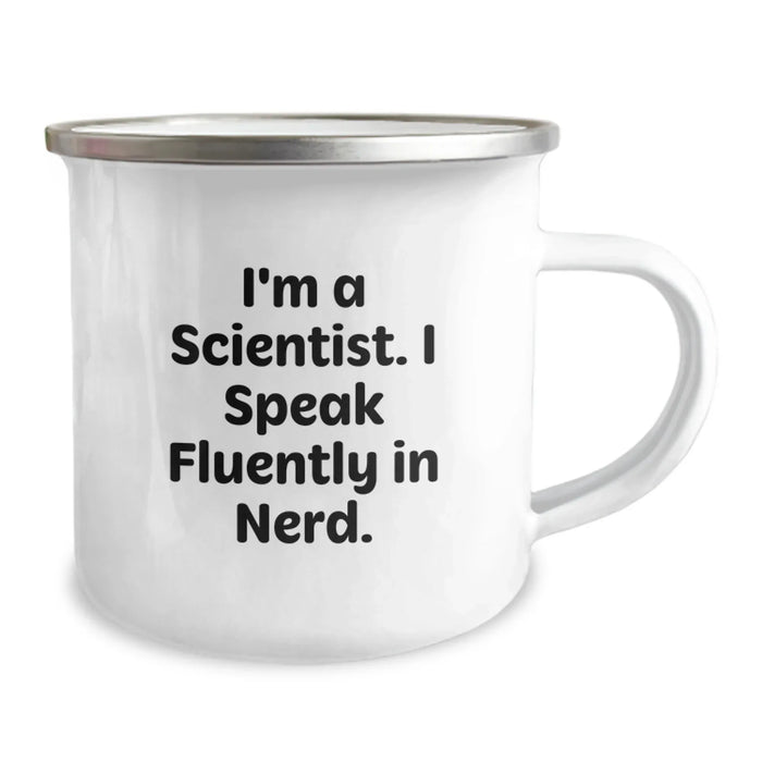 Funny Scientist Gifts for Men, Women, Friends, Coworkers, Family - 'I Speak Fluently In genius' Camping Mug, 12 oz Stainless Steel Enamel Finish - Image 2