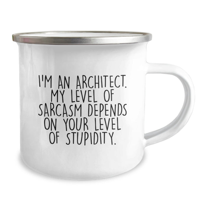Funny Architect Gifts for Men - 'I'm An Architect. My Level Of Sarcasm Depends On Your Level Of Stupidity.' Enamel Camping Mug, Perfect for Dad on Father's Day - Image 2