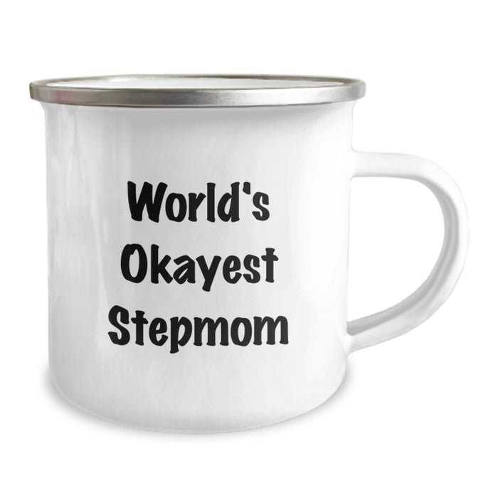 Funny Stepmom Gifts from Family for World's Okayest Stepmom Graduation Unique Camping Mugs, Stainless Steel with Enamel Finish, 12 oz Capacity - Image 2