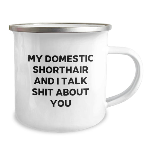 Funny Domestic Shorthair Cat Gifts for Men from Friends - My Domestic Shorthair And I Talk Shit About You Quote on 12 oz Camping Mug, Graduation Unique Gifts - Image 2