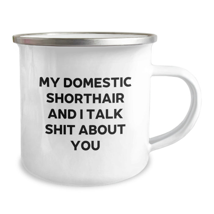 Funny Domestic Shorthair Cat Gifts for Men from Friends - My Domestic Shorthair And I Talk Shit About You Quote on 12 oz Camping Mug, Graduation Unique Gifts - Image 2