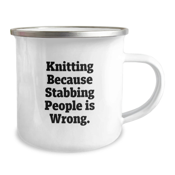 Funny Knitting Gifts for Graduation Unique Camping Mugs with Quirky 'Knitting Because Stabbing People Is Wrong' Motif Gifts from Friends and Family - Image 2