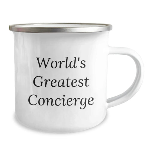 Concierge Camping Mug, Funny Quote 'World's Greatest Concierge' Gifts from Friends, Unique Birthday Unique Gifts for Her or Him, 12 oz Stainless Steel with Enamel Finish - Image 2