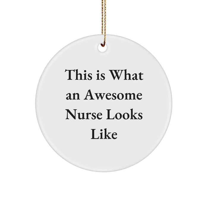 Gifts from Friends and Family to Awesome Nurses - 'This Is What An Awesome Nurse Looks Like' Funny Circle Ornament, White, Christmas Unique Gifts - Image 1