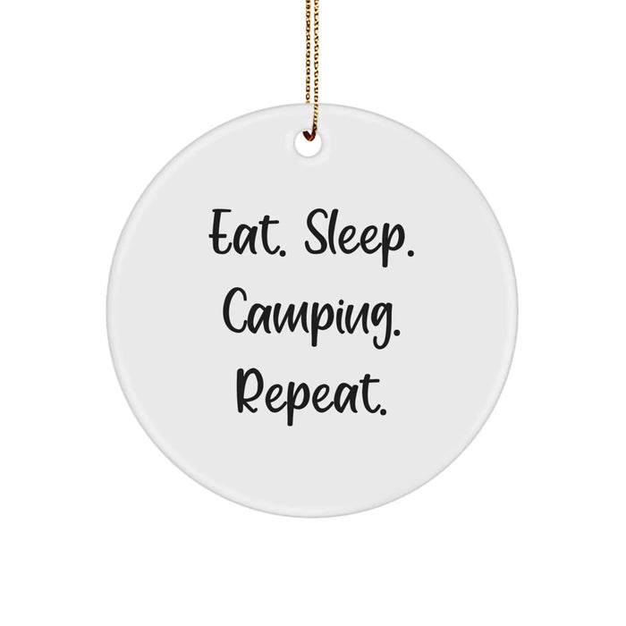 Funny Camping Gifts for Men - Eat. Sleep. Camping. Repeat. White Circle Ornament with Gold Cord, Christmas Unique Presents from Friends - Image 1