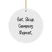 Funny Camping Gifts for Men - Eat. Sleep. Camping. Repeat. White Circle Ornament with Gold Cord, Christmas Unique Presents from Friends - Image 1