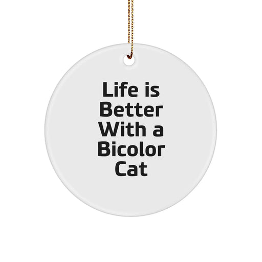 Funny Bicolor Cat Gifts from Friends for Christmas, 'Life Is Better With A Bicolor Cat' Circle Ornament, White, 2.75" tall, 0.5 oz, Gifts for Bicolor Cat Lovers - Image 1