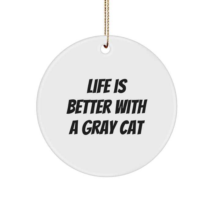 Funny Gray Cat Gifts for Christmas - Circle Ornament with Life Is Better With A Gray Cat Quote - Image 1