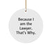 Funny Lawyer Gifts from Friends, Christmas Unique Circle Ornament, 'Because I Am The Lawyer. That's Why.' - Image 1