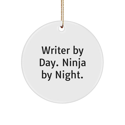 Funny Writer Gifts from Men for Writers, 'Writer By Day Ninja By Night' Christmas Unique Circle Ornaments, Circle Shaped White Decorations for Home Offices - Image 1