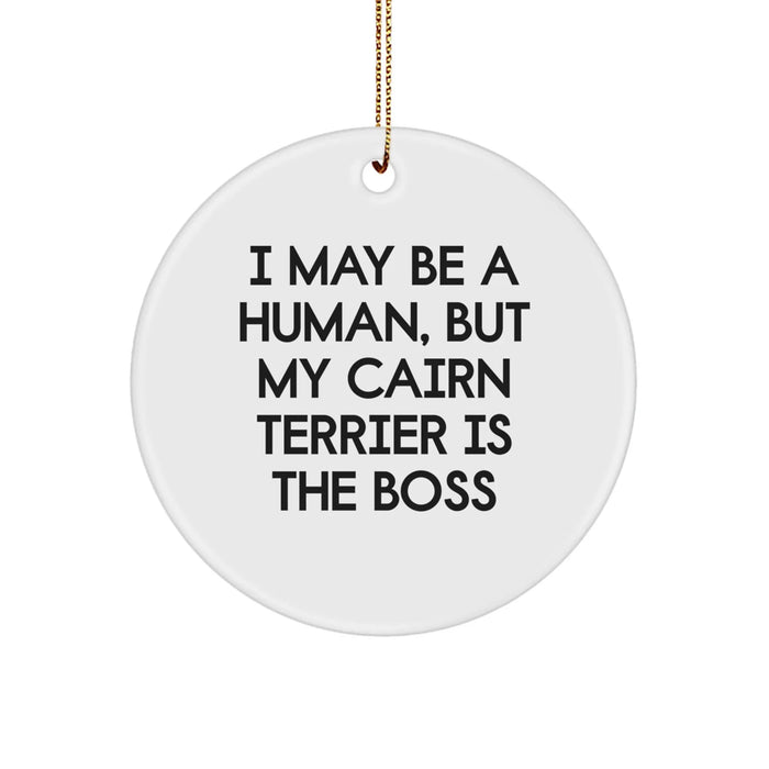 Funny Cairn Terrier Dog Gifts from Men to Friends, Unique Christmas Decorative Circle Ornament, I May Be A Human But My Cairn Terrier Is The Boss - Image 1