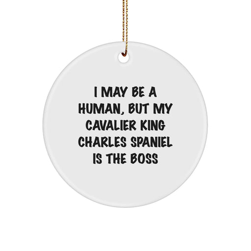 Funny Cavalier King Charles Spaniel Dog Gifts for Men, Women, Friends, Family - I May Be A Human, But My Cavalier King Charles Spaniel Is The Boss Christmas Unique Circle Ornament, White - Image 1