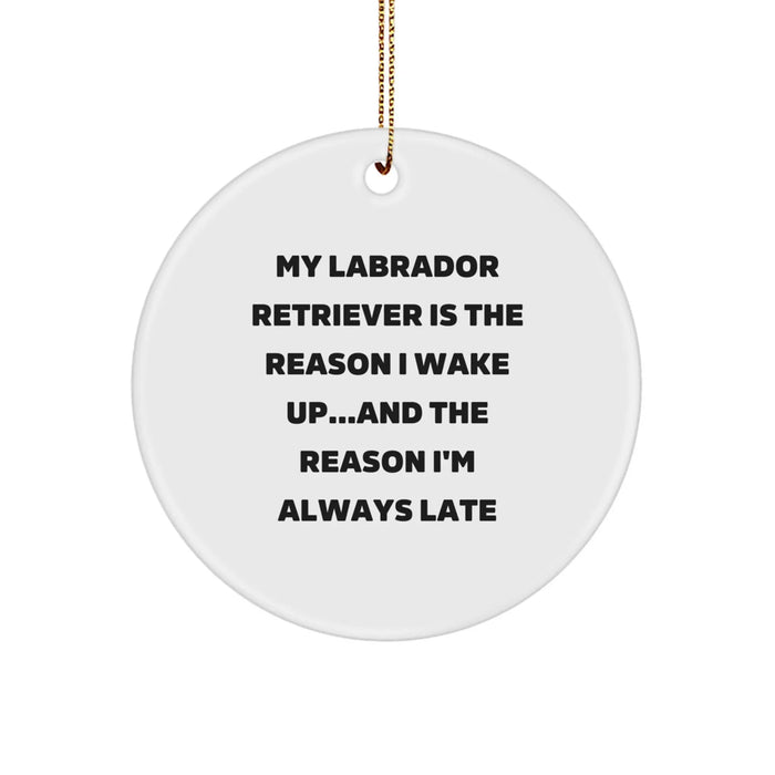 Funny Labrador Retriever Dog Gifts for Christmas - Circle Ornament with 'My Labrador Retriever Is The Reason I Wake Up...and The Reason I'm Always Late' Quote, Gifts from Family for Friends - Image 1