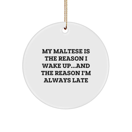 Funny Maltese Dog Gifts - Circle Ornament for Maltese Dog Lovers - 'My Maltese Is The Reason I Wake Up...and The Reason I'm Always Late' Christmas Unique Gifts from Family to Friends - Image 1