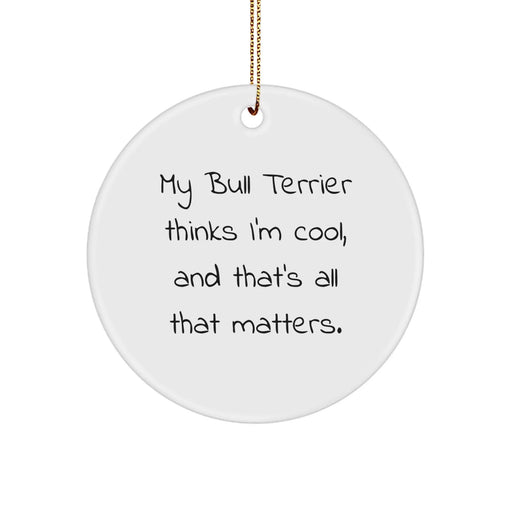 Funny Bull Terrier Dog Gifts from Friends - Circle Ornament with 'My Bull Terrier Thinks I'm Cool, And That's All That Matters.' Quote for Christmas Unique Gifts - Image 1