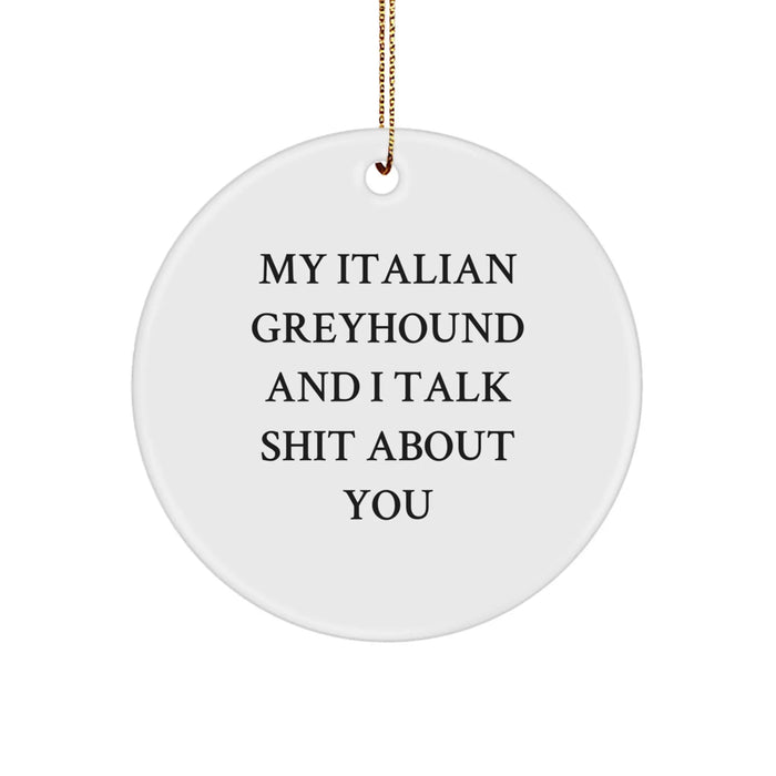 Funny Italian Greyhound Dog Gifts for Friends - My Italian Greyhound And I Talk Shit About You Quote Christmas Ornament, Italian Greyhound Dog Lover Circle Decoration, Unique Presents from Friends - Image 1