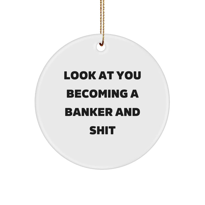 Funny Banker Gifts from Men to Friends, Christmas Unique Circle Ornaments for Banker, 'Look At You Becoming A Banker And Shit' - Image 1