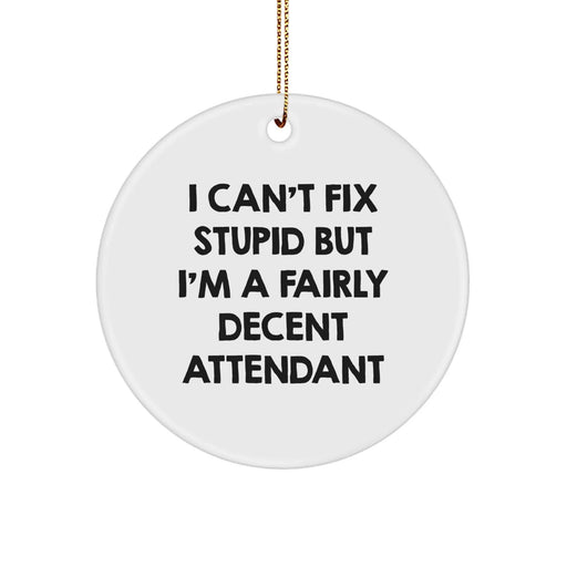 Funny Attendant Gifts for Men, Women, Friends, and Coworkers - 'I Can't Fix Stupid But I'm A Fairly Decent Attendant' Circle Ornament for Christmas - Image 1