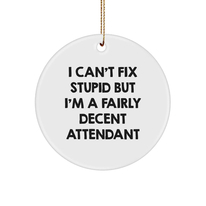 Funny Attendant Gifts for Men, Women, Friends, and Coworkers - 'I Can't Fix Stupid But I'm A Fairly Decent Attendant' Circle Ornament for Christmas - Image 1