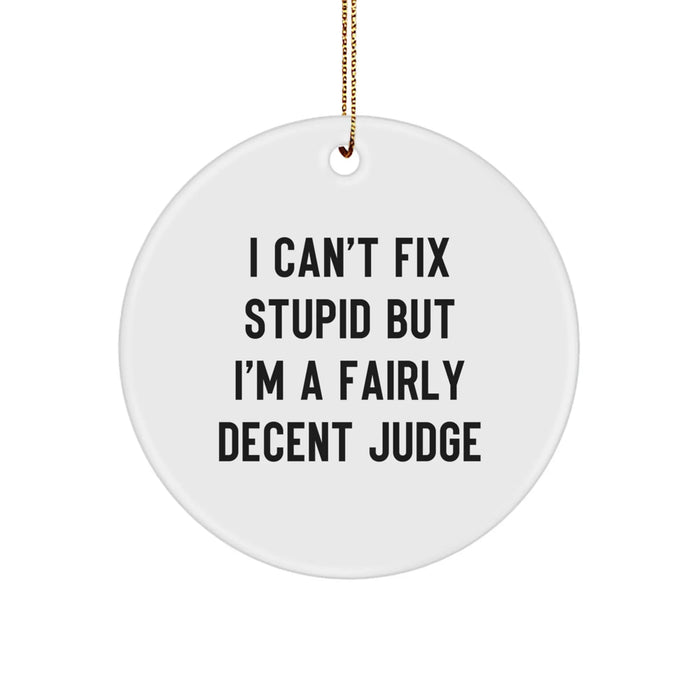 Funny Judge Gifts for Men - I Can't Fix Stupid But I'm A Decent Judge Christmas Ornament, Circle Ornament for Judge - Image 1