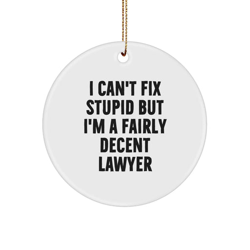 Funny Lawyer Gifts, I Can't Fix Stupid But I'm A Fairly Decent Lawyer Circle Ornament, Gifts for Lawyer from Friends - Image 1