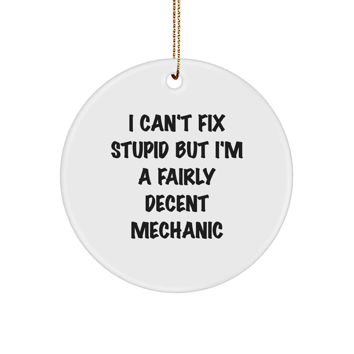 Funny Mechanic Gifts from Men for Friends and Family - I Can't Fix Stupid But I'm A Fairly Decent Mechanic Christmas Unique Ornaments - Image 1