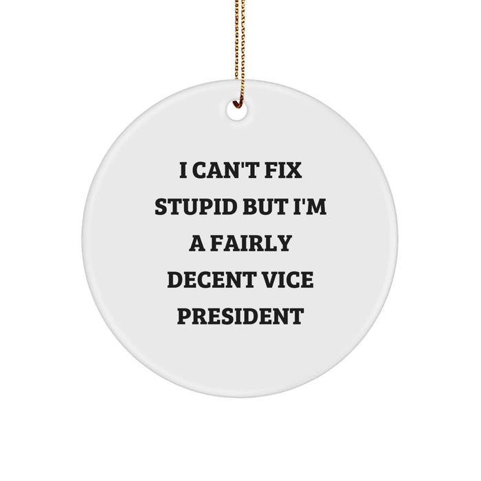 Funny Vice President Gifts, I Can't Fix Stupid But I'm A Fairly Decent Vice President, Christmas Unique Circle Ornaments from Friends - Image 1