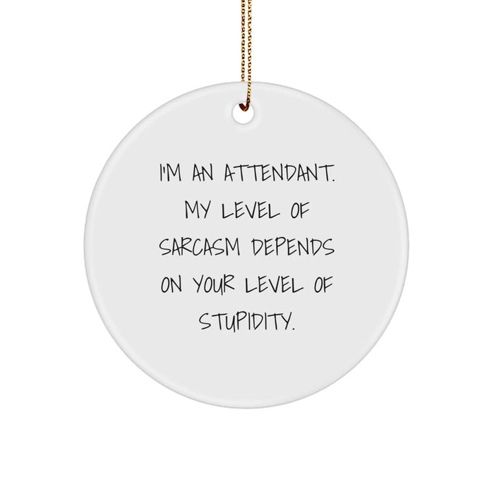 Funny Attendant Gifts for Men, Women, Friends, and Family - 'I'm An Attendant. My Level Of Sarcasm Depends On Your Level Of Stupidity.' Christmas Unique Circle Ornament - Image 1