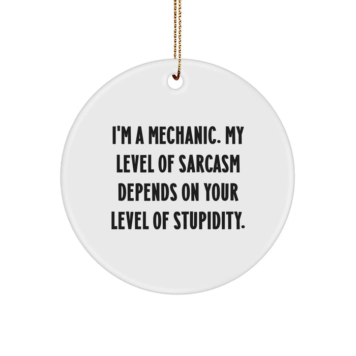 Gifts from Friends - Funny Mechanic Gifts for Men - 'I'm A Mechanic. My Level Of Sarcasm Depends On Your Level Of Stupidity.' Christmas Unique Circle Ornament - Image 1