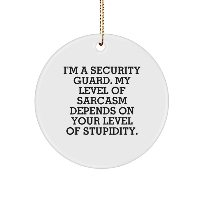 Funny Security Guard Gifts from Friends for Men - 'I'm A Security Guard. My Level Of Sarcasm Depends On Your Level Of Stupidity.' Christmas Unique Circle Ornament - Image 1