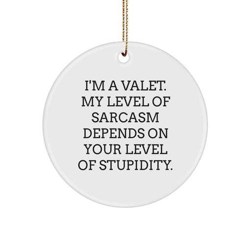 Funny Valet Gifts from Friends for Men - 'I'm A Valet. My Level Of Sarcasm Depends On Your Level Of Stupidity.' Christmas Unique Decorations Circle Ornament - Image 1