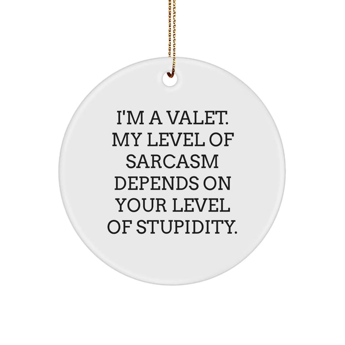 Funny Valet Gifts from Friends for Men - 'I'm A Valet. My Level Of Sarcasm Depends On Your Level Of Stupidity.' Christmas Unique Decorations Circle Ornament - Image 1