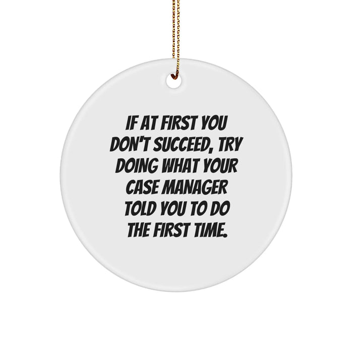 Funny Case Manager Gifts from Family - 'If At First You Don't Succeed, Try Doing What Your Case Manager Told You To Do The First Time.' Circle Ornament for Christmas Unique Gifts - Image 1