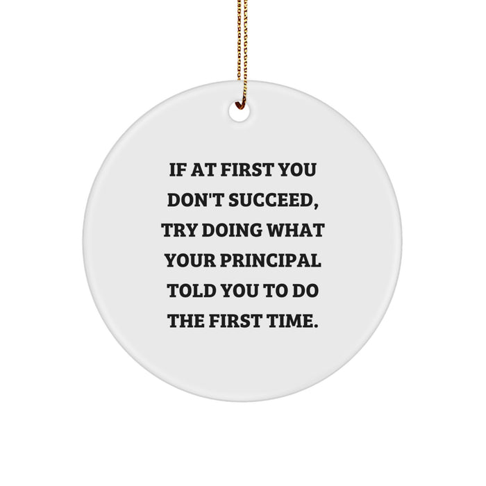 Funny Principal Circle Ornament Gifts from Men to Friends for Christmas - 'If At First You Don't Succeed, Try Doing What Your Principal Told You To Do The First Time.' - Image 1