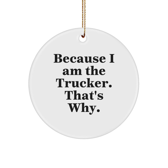 Gifts from Family to Funny Trucker Christmas Decorations, Circle Ornament, Trucker Motivation, Because I Am The Trucker. That's Why. - Image 1